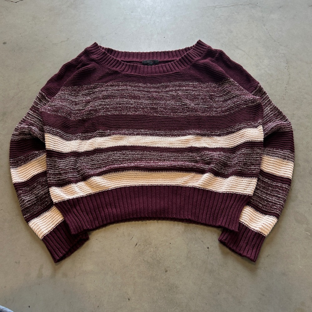 Mine Womens Burgundy Cream Striped Knit Sweater Long Sleeve Scoop Neck Large